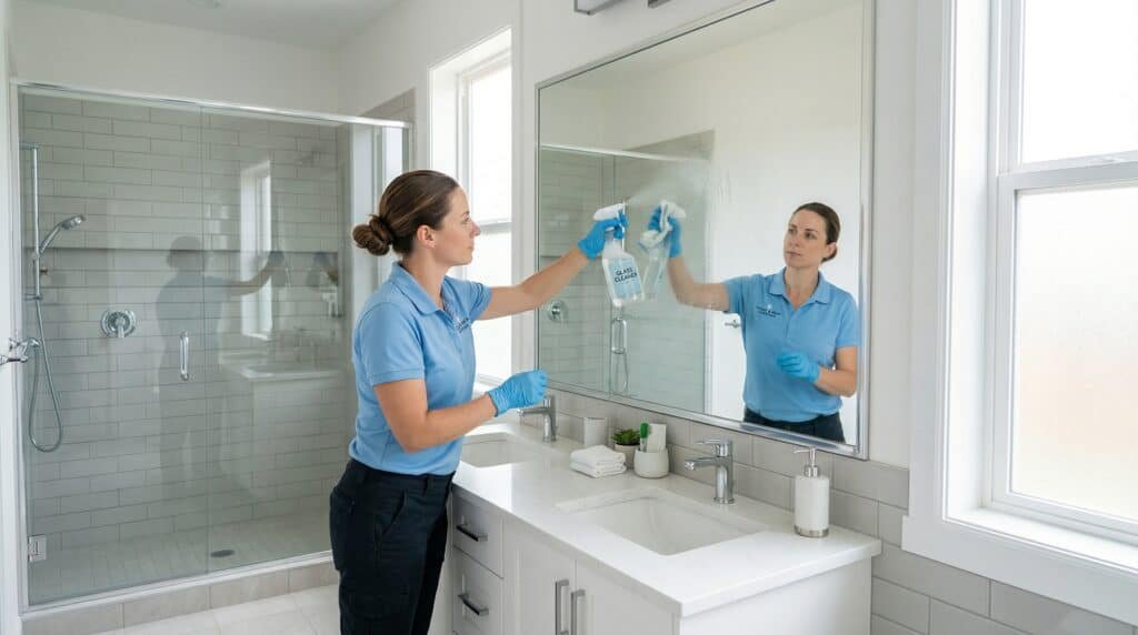 Professional cleaner polishing a bathroom mirror until it shines