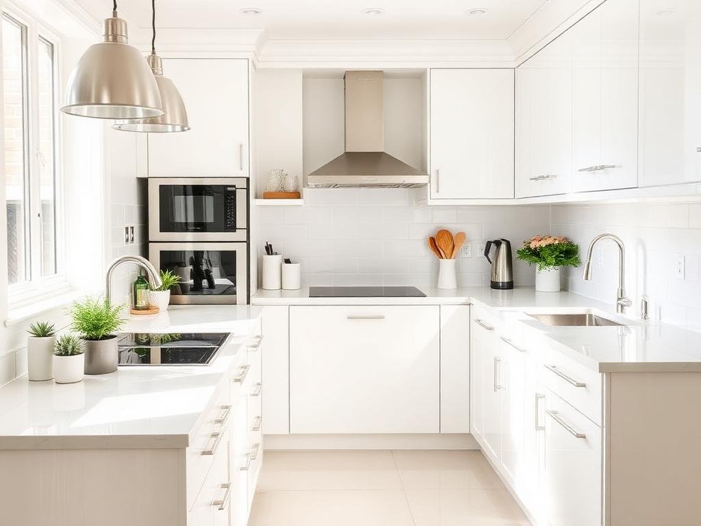 Empty, spotless white kitchen ready for new owners